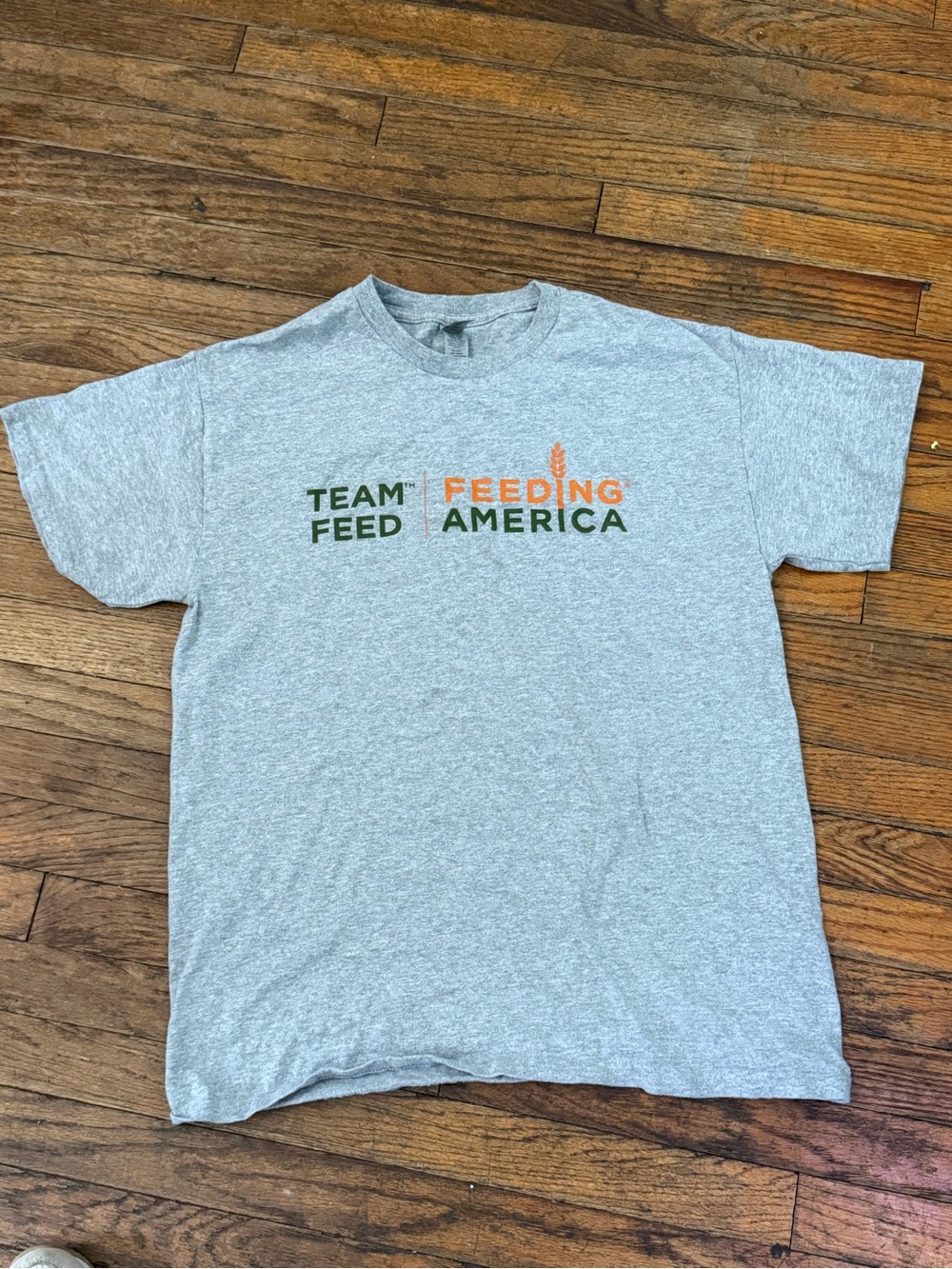 Gildan Heather Gray Short Sleeve Tee with Green and Orange Feeding America Logo